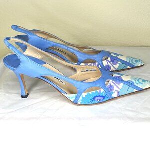 MANOLO BLAHNIK BLUE MULTICOLOR FLORAL CANVAS LEATHER POINTED SLING BACK Sz:37.5